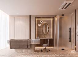 Interior with massage table, mirror, and towels; Apartment construction.