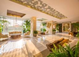 Luxury interior hall with stylish accessories and plants in apartment construction.