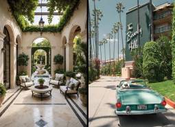 On the left, a luxurious interior with a fountain, on the right, a road with palm trees and a car.