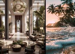 Construction of apartments with a sophisticated entrance hall and a beach in the background.