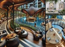Luxury pool area with relaxation zones, surrounded by greenery as part of the Apartment Construction.