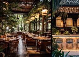 Luxurious restaurant interior with wooden tables, chairs, and plants. Apartment construction.