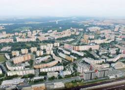 Construction of apartments in Bratislava - Petržalka on Panónska Street with a panorama of residential blocks.