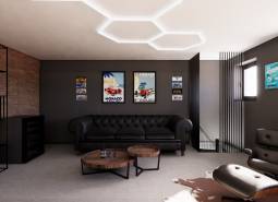 Leather sofa in commercial premises with vintage decorations on the wall.