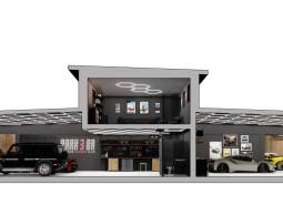 Stylish garage with luxury cars and a gallery, part of commercial premises.