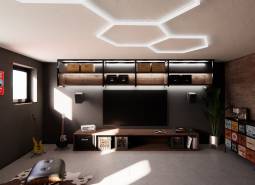 Commercial premises with musical instruments, TV, and modern lighting.