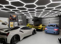 Design garage with luxury cars, decorations, and striking lighting in commercial spaces.