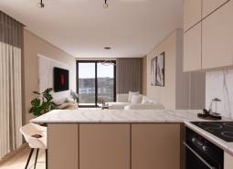 Kitchen and living room with a marble countertop and floor with wood decor in the construction of apartments.