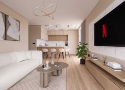 Interior design of a living room in an open space with a kitchen, wooden decor flooring.