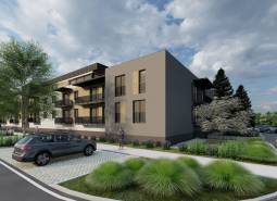 Visualization of apartment construction in Kriváň, a modern apartment building with parking and green areas.