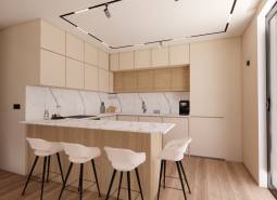 A kitchen with a marble countertop and a wooden decor floor from Housing Construction.