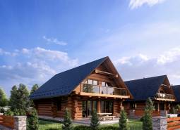 The construction of houses in Nová Lesná includes wooden cottages surrounded by greenery and paved walkways.