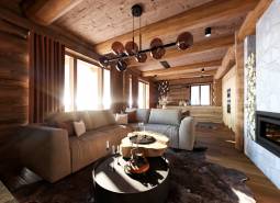 Rustic living space with a fireplace and wood-patterned flooring in a house under construction.