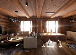 Wooden interior with wood-patterned flooring, sofa, and table, house construction.