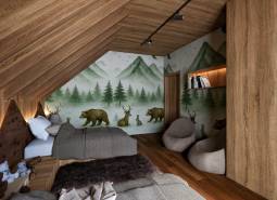 Interior with a forest theme, wooden decor flooring, comfortable relaxation area.