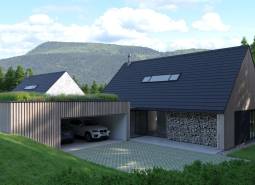Modern architecture of a house with wooden cladding in the picturesque setting of development plots in Tajov.