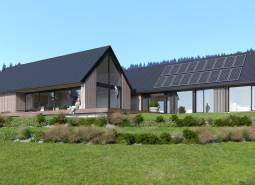 Visualization of a low-energy house on development plots with clean lines and solar panels in Tajov.