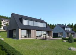 Visualization of development plots in Tajov with modern houses set in a natural environment.