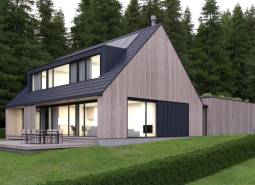 Wooden structure with a glass terrace in a forest environment in Tajov. Development plots.