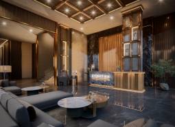 Luxury reception with wood-patterned flooring within the construction of apartments.