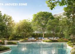 Apartment construction in Phuket with an outdoor jacuzzi area surrounded by greenery and a peaceful atmosphere.