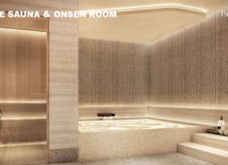 Sauna and onsen within the Apartment Construction project, with minimalist wooden decor and plants.