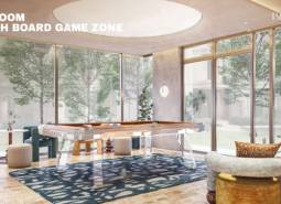 Playroom with a play area within the apartment construction, floor with a wooden decor.