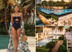 A woman in a swimsuit by the pool, apartment construction in Pattaya, luxurious setting with palm trees.