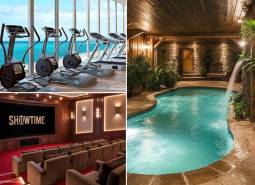 The apartment complex offers a fitness center with an ocean view, a cinema, and an indoor pool in Pattaya.