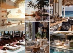 Luxury beach resorts and comfortable loungers, apartment construction near the ocean in Pattaya.