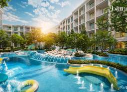 Apartment construction in Phuket with a swimming pool and green areas offers luxurious living.