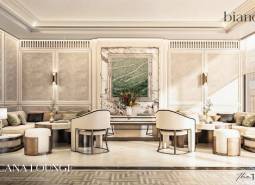 Luxury interior with marble details and comfortable seating. Apartment construction.