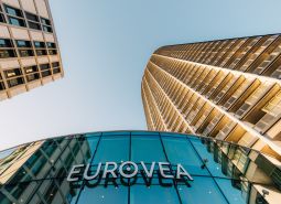 View of the Eurovea building on Pribinova in Bratislava, facade and glass construction.