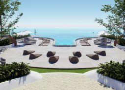 Terrace with a view of the pool and the sea, Apartment construction in Phuket.