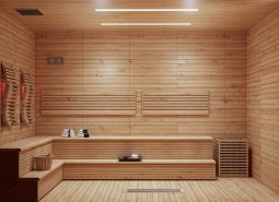 Sauna with benches and floor with wooden decor in the apartment construction project.
