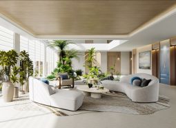 Spacious interior of apartment construction with greenery, comfortable furniture, and wood-patterned flooring.