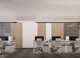 Office spaces with white desks and chairs, ideal for apartment development.