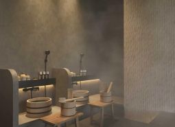 A spa room with wooden containers, benches, and equipment for apartment construction.