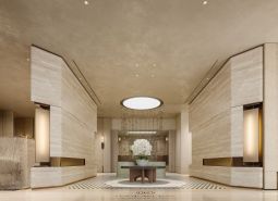 Luxury interior with wood-patterned flooring and modern lighting in the context of apartment construction.