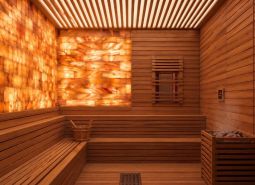 Wooden sauna with backlit salt panels, Apartment construction.