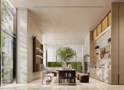 The construction of apartments features a bright interior with furniture and shelves, and a floor with a wooden decor.