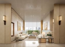 Apartment construction: bright interior with wood-patterned flooring and glass view.