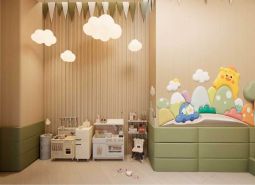 Children's room with wood-patterned flooring and toys, apartment construction.