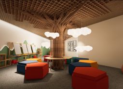 Children's playroom with creative design and hanging lights. Apartment construction.