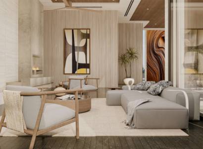 Living room with modern furniture, light wall, and wooden floor, House construction.