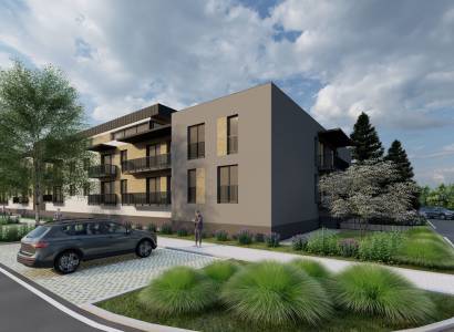 Visualization of apartment construction in Kriváň, a modern apartment building with parking and green areas.