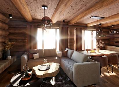Interior with a comfortable sofa, wooden ceiling, and floor with a wood decor. House construction.