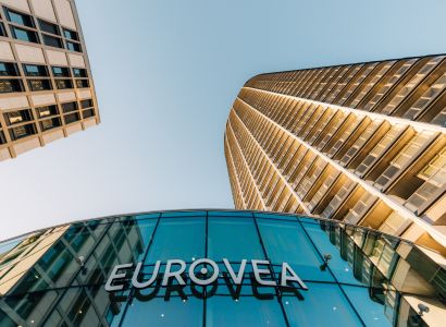 View of the Eurovea building on Pribinova in Bratislava, facade and glass construction.