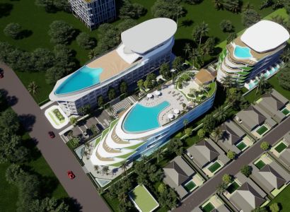 Visualization of apartment construction in Phuket: multi-story buildings with pools surrounded by greenery and a road.