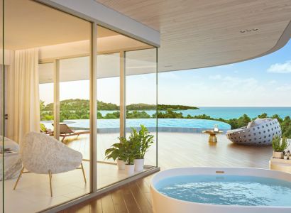 Elegant interior with a view of the terrace, pool, and ocean, Apartment construction.